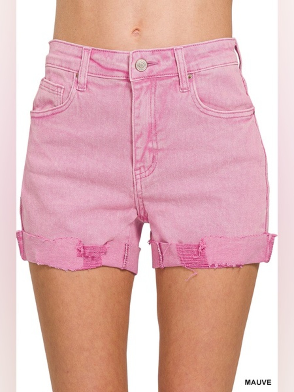 Zenana Mauve High-Rise Rolled Hem Denim Shorts